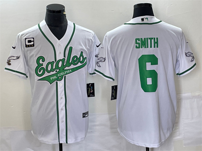 Men's Philadelphia Eagles #6 DeVonta Smith White With C Patch Cool Base Stitched Baseball Jersey